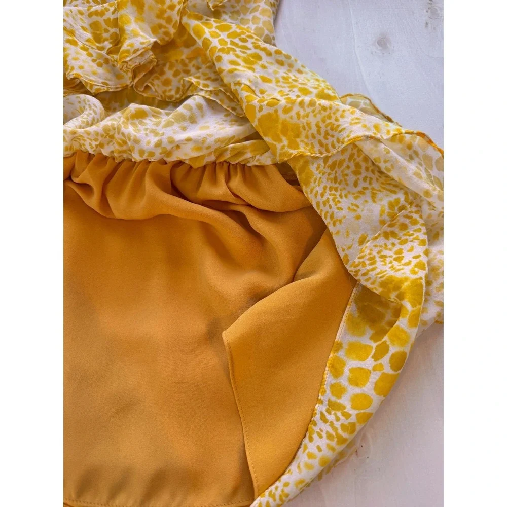 Ramy Brook M Silk Yellow Animal Print Ruffle Simone Mini Dress Pleated Smocked